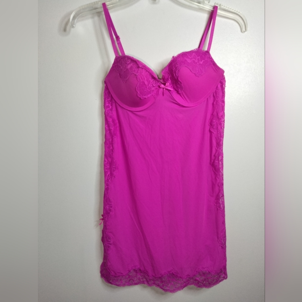 Victoria's Secret (Size 34C) Hot Pink Lace Trim Sleeveless Stretch Chemise Slip